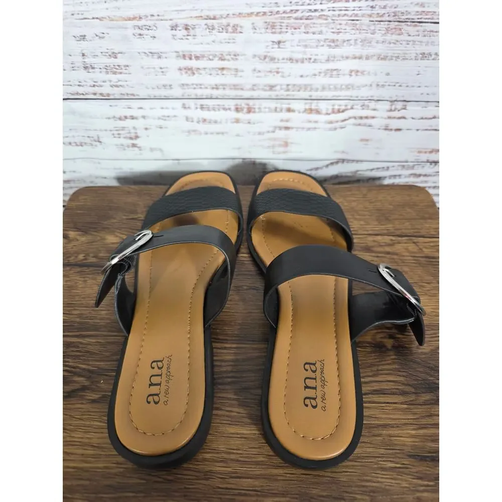 ANA A New Approach Black Strappy Slide Sandals Silver Buckly Women's 8.5
